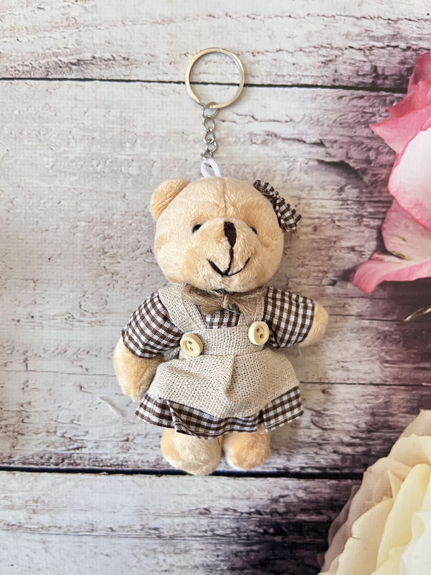 PELUŞ ANAHTARLIKLI  AYICIK KAHVE EKOSE KIZ AYICIK