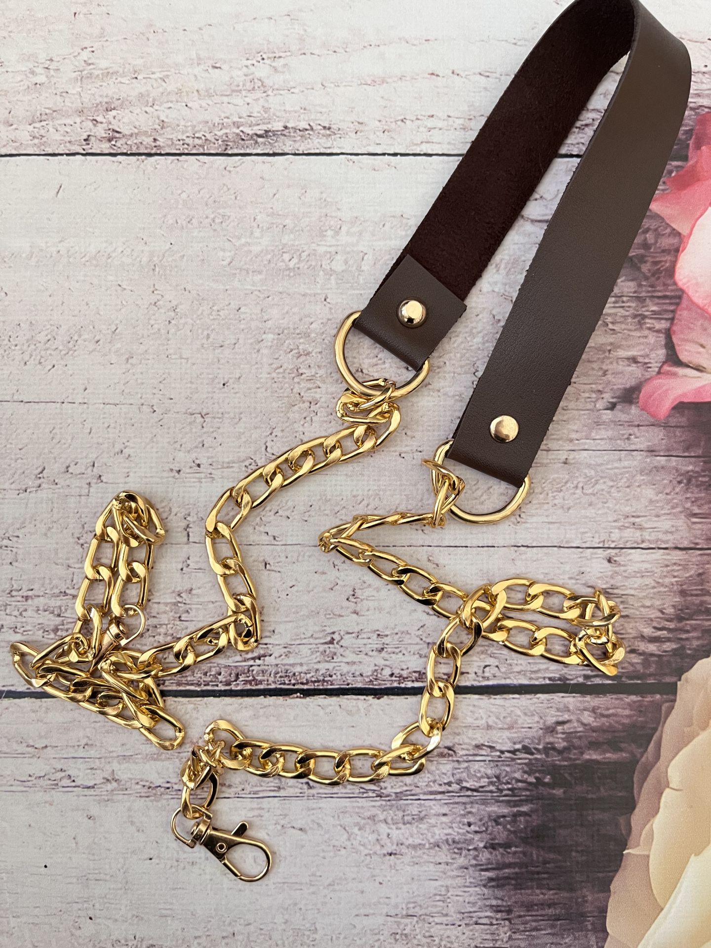DERİLİ METAL ZİNCİR  GOLD  120 CM kahve